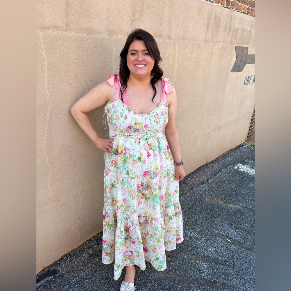 Charming Floral Midi Dress with Pink Straps